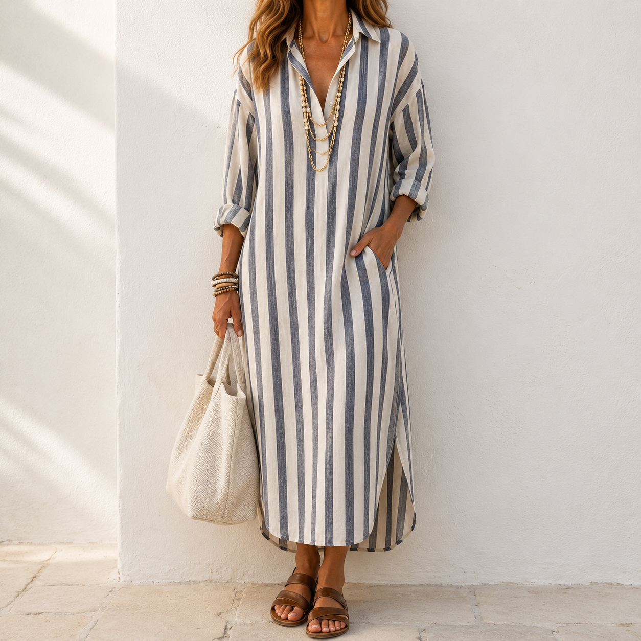 Robe chemise femme à rayures verticales et coupe fluide décontractée
