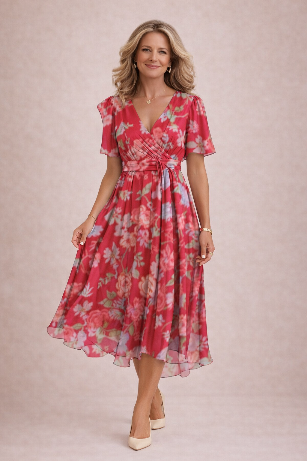 Robe Midi Femme Fluide Florale en Chiffon Col V pour Style Élégant et Léger Été