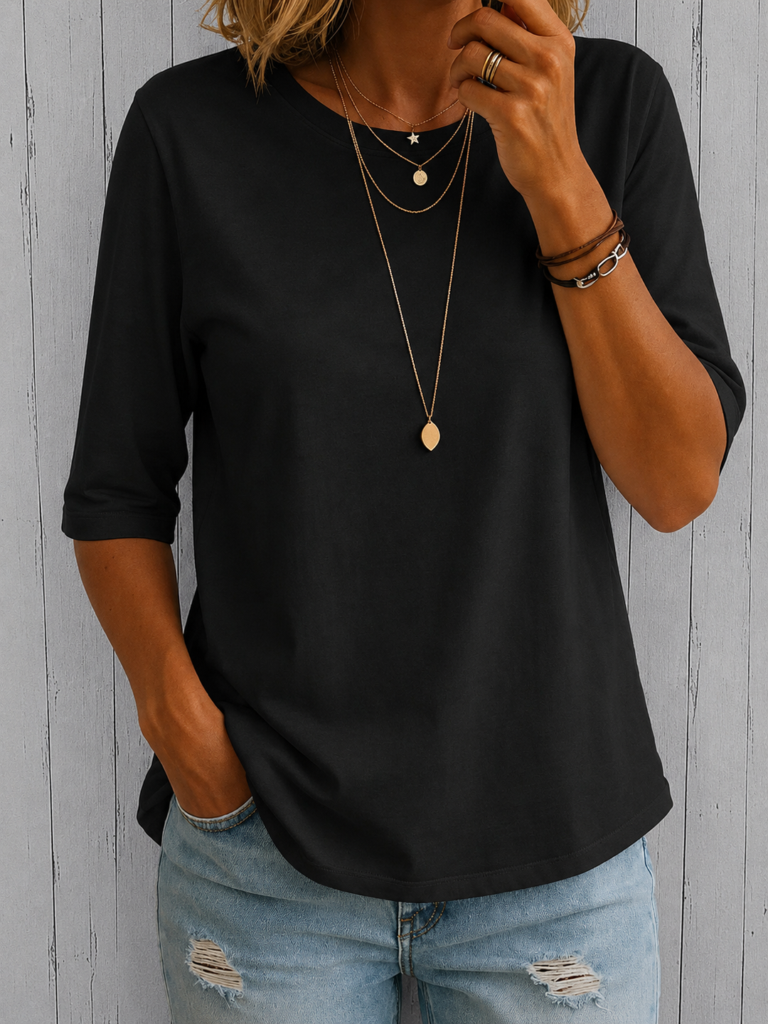 T-shirt femme uni à col rond manches trois-quarts