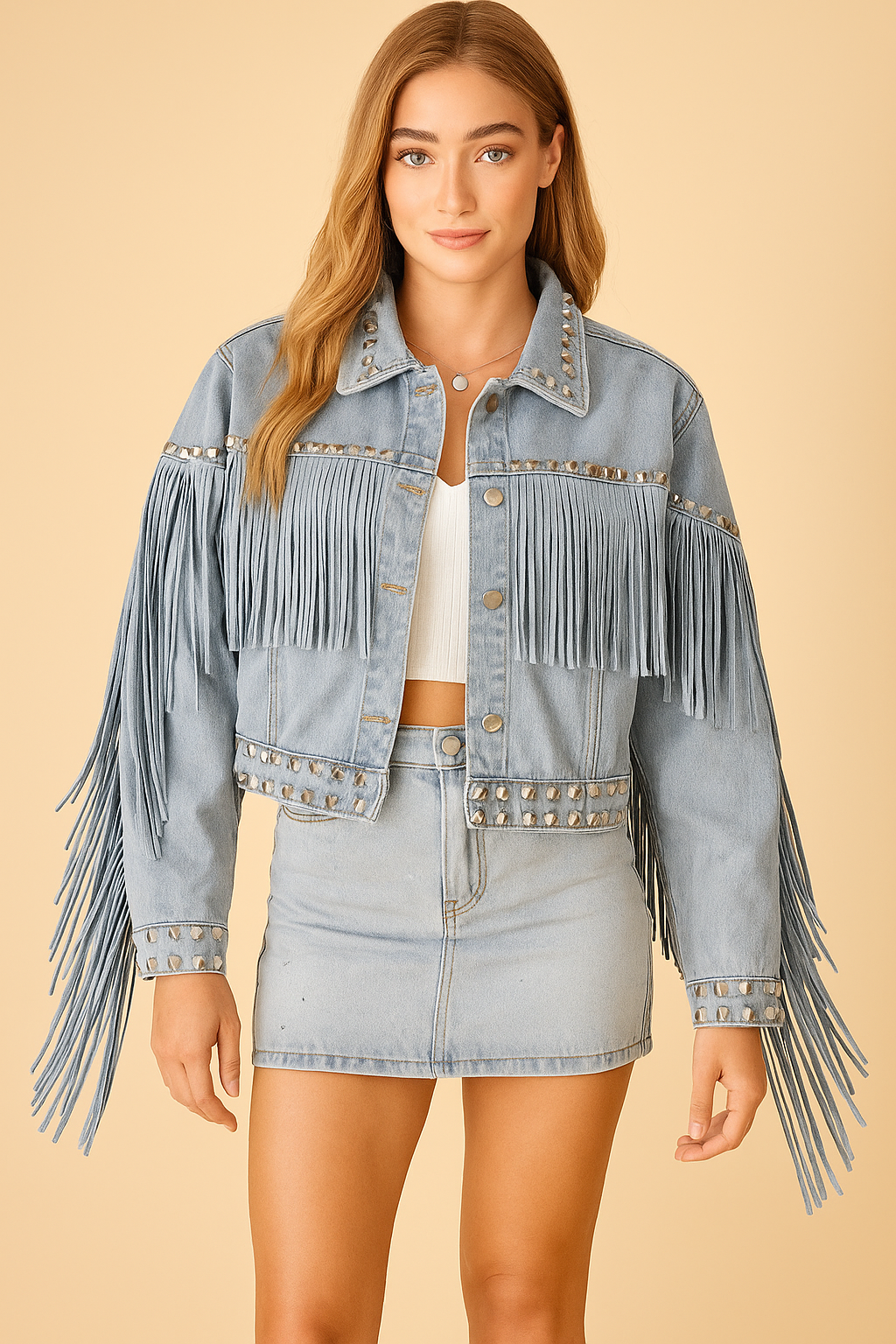 Veste denim femme à franges et clous – style bohème audacieux