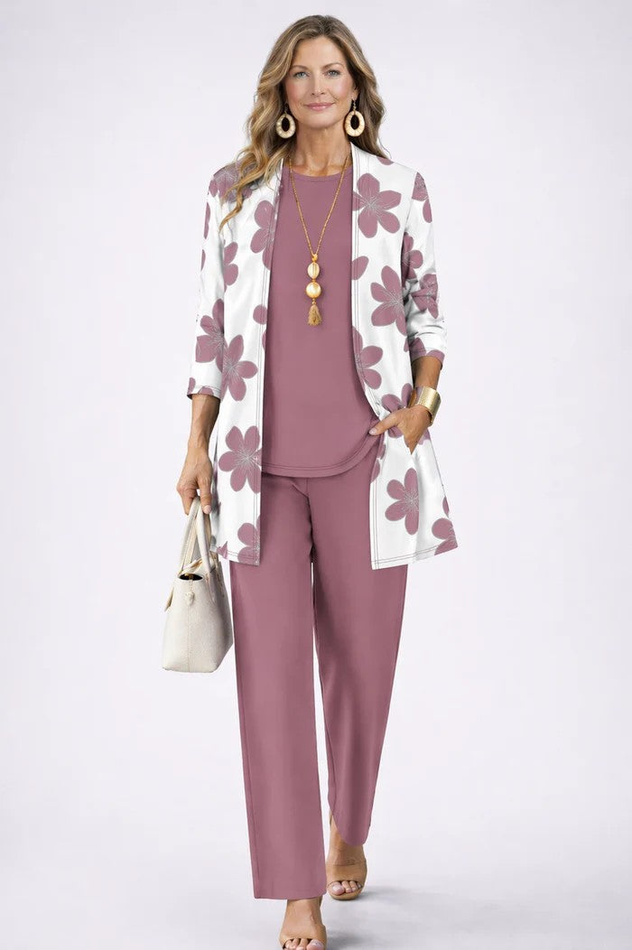 Ensemble trois pièces femme avec cardigan imprimé