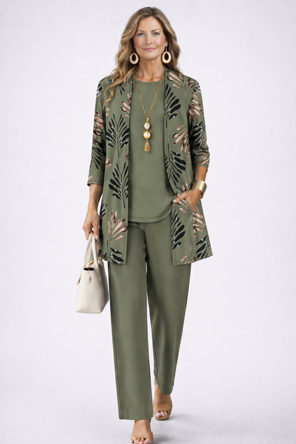 Ensemble trois pièces femme avec cardigan imprimé