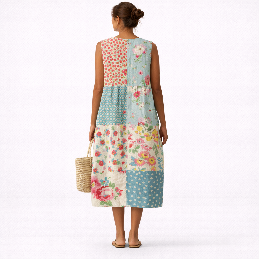 Robe midi femme patchwork fleuri sans manches en coton viscose