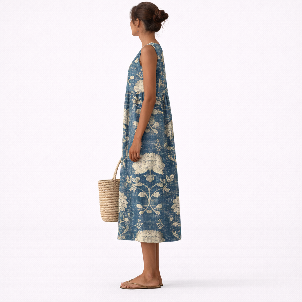 Robe midi femme fleurie sans manches à col rond