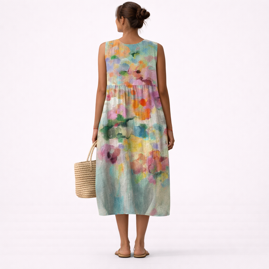 Robe midi femme fleurie multicolore sans manches en coton viscose