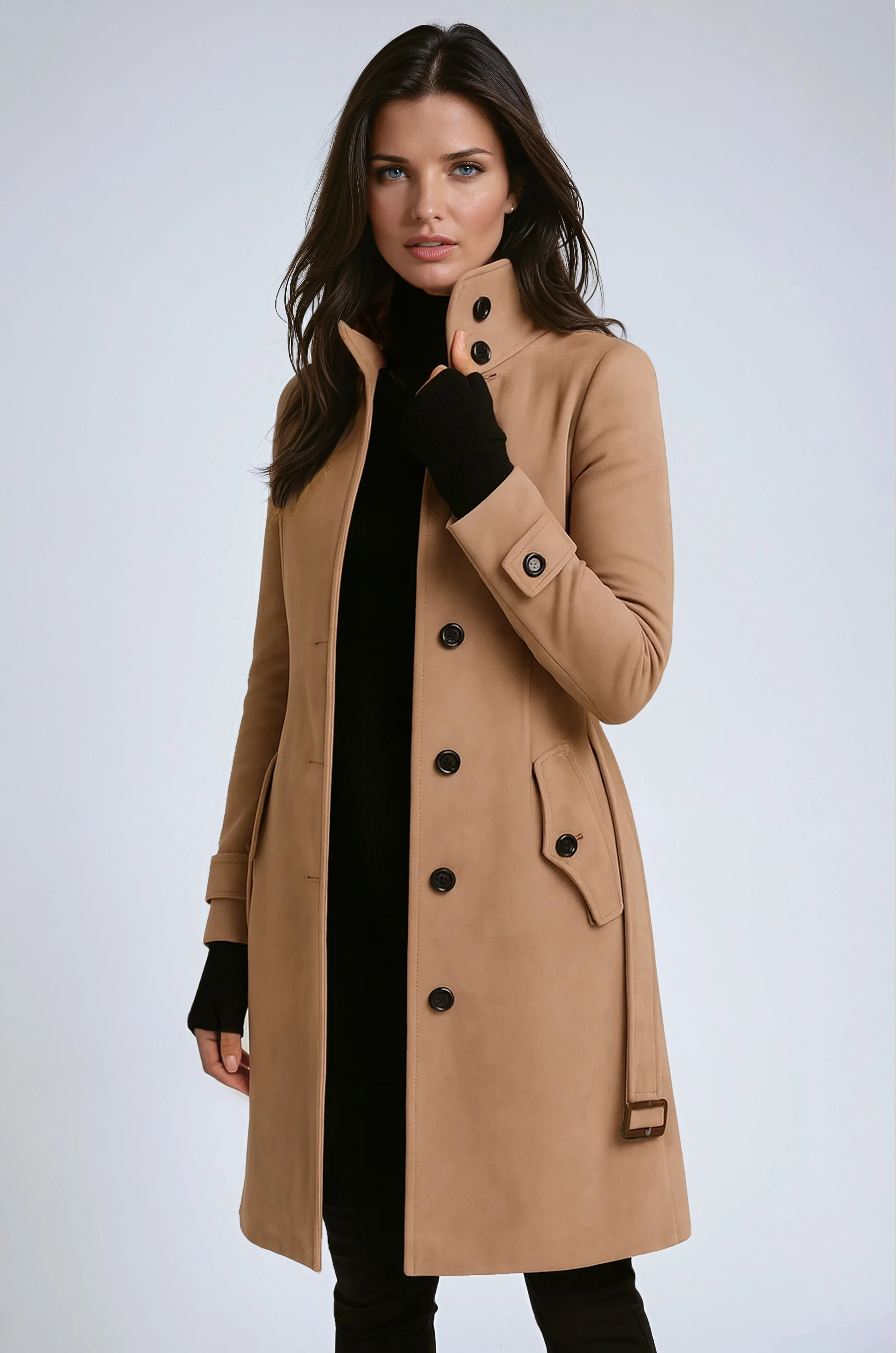 Manteau long femme élégant avec col montant – style moderne et chic