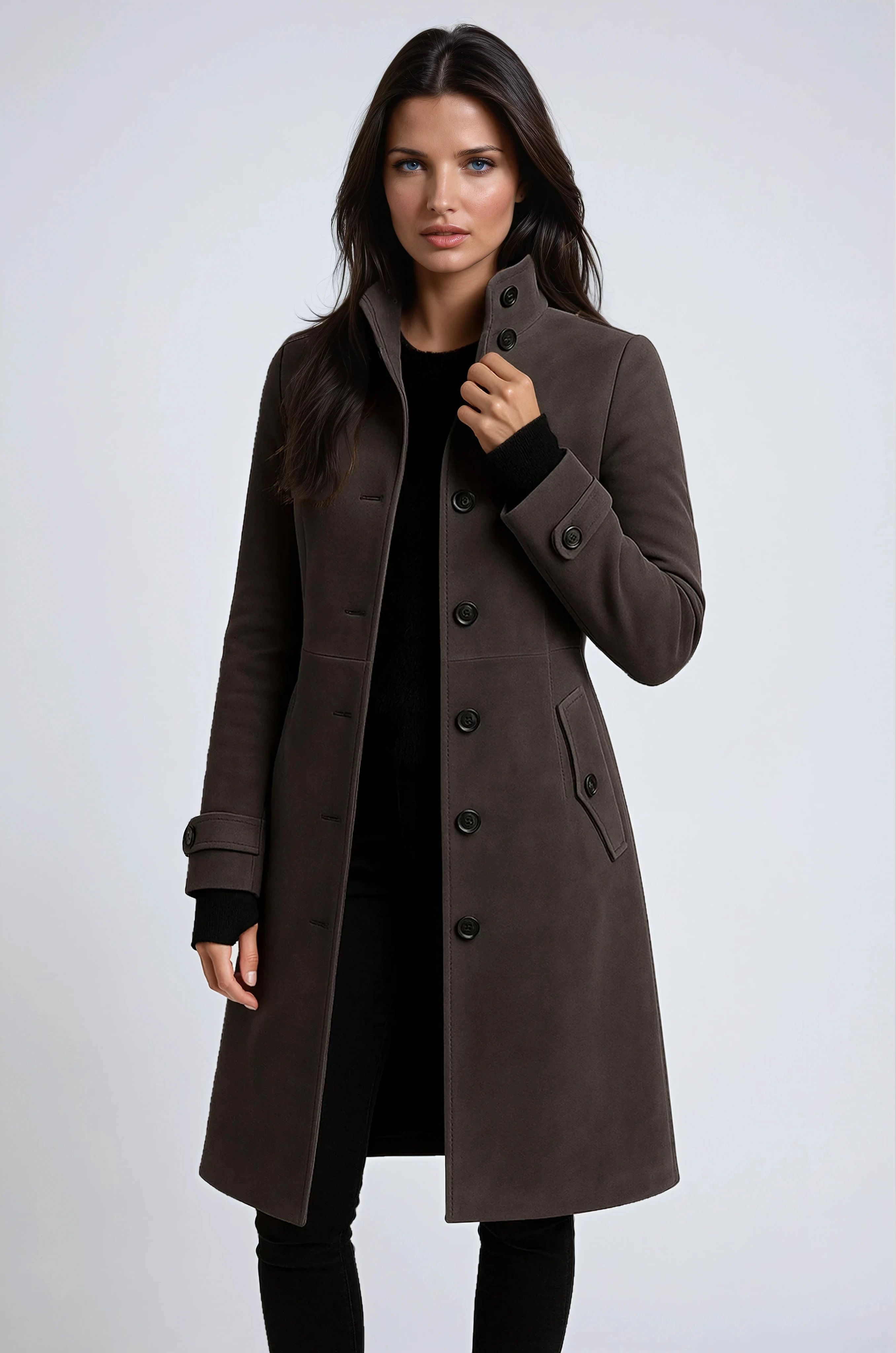 Manteau long femme élégant avec col montant – style moderne et chic