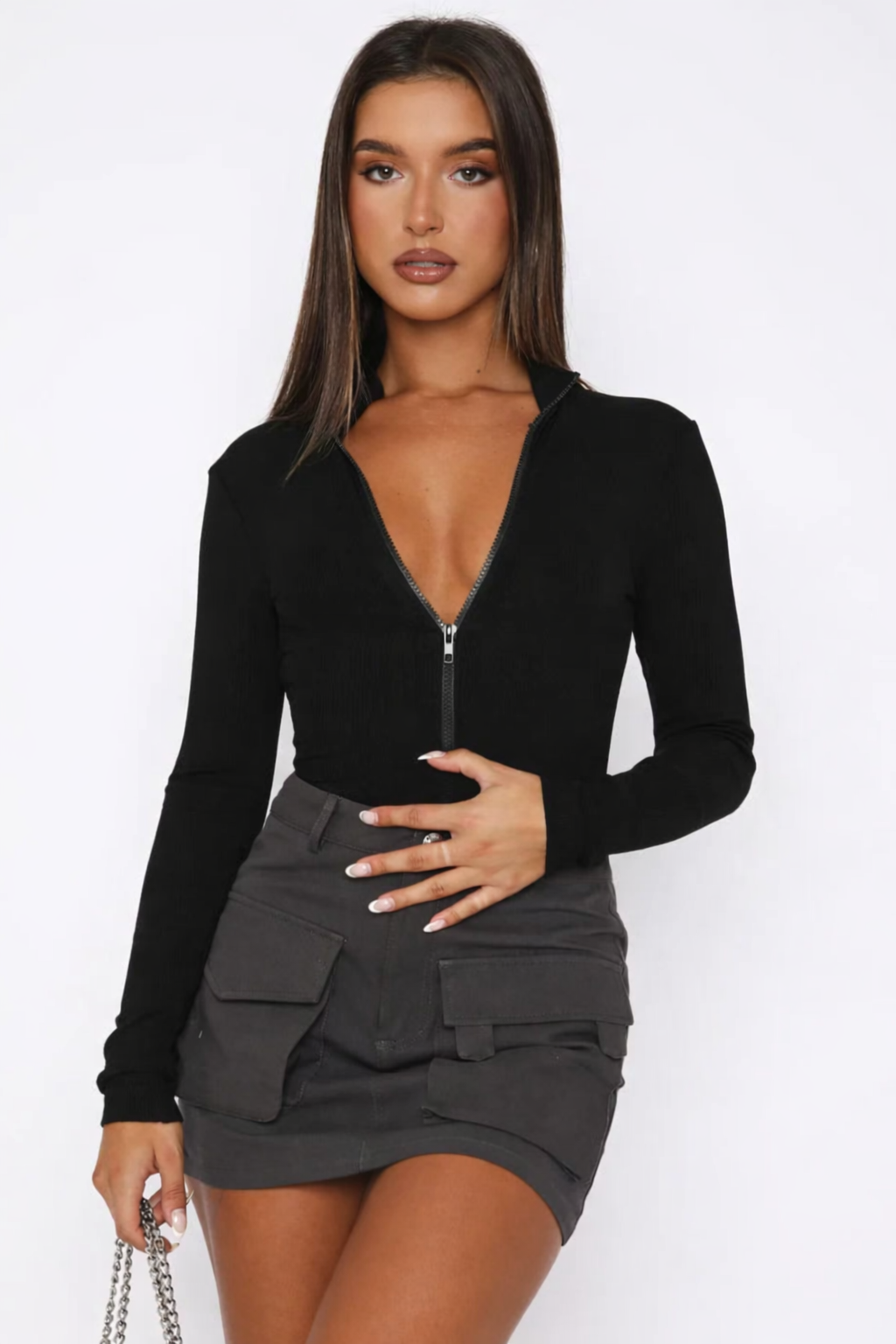 Body Ajusté Col V Zippé Élégance Moderne