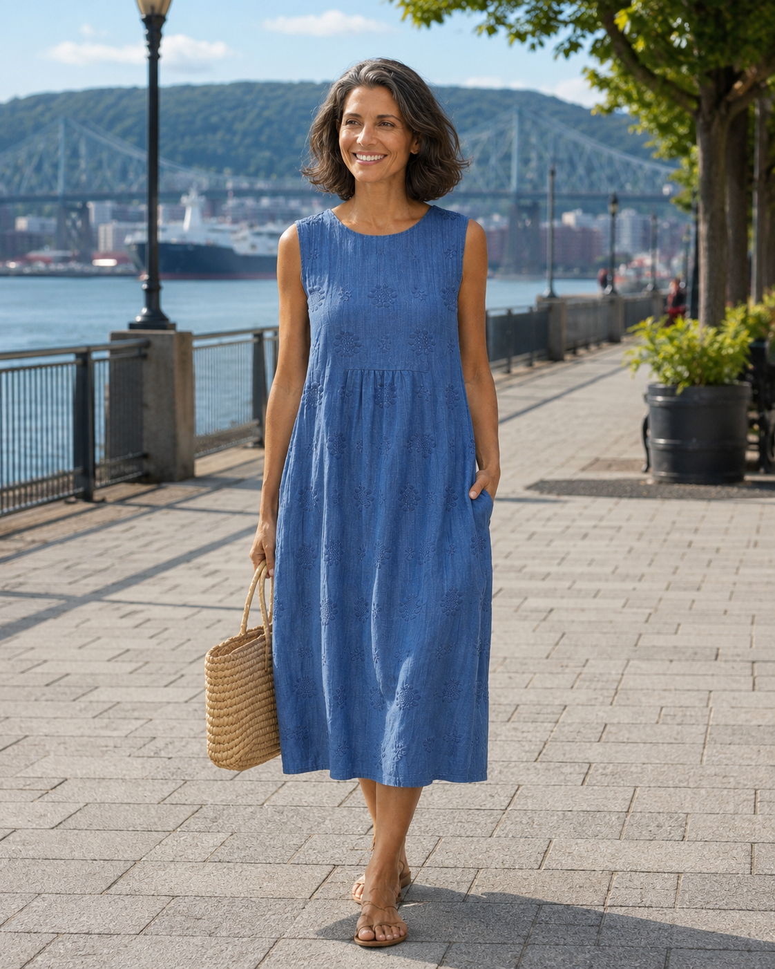 Robe midi femme sans manches brodée avec poches