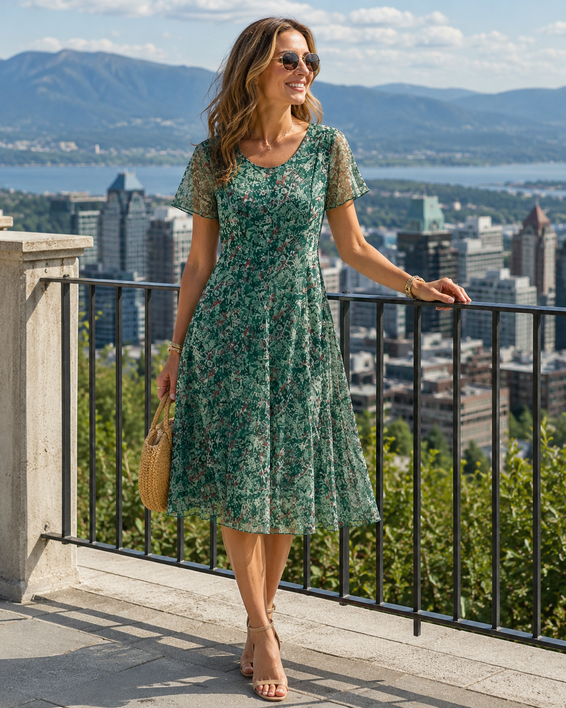 Robe femme florale coupe A avec manches courtes