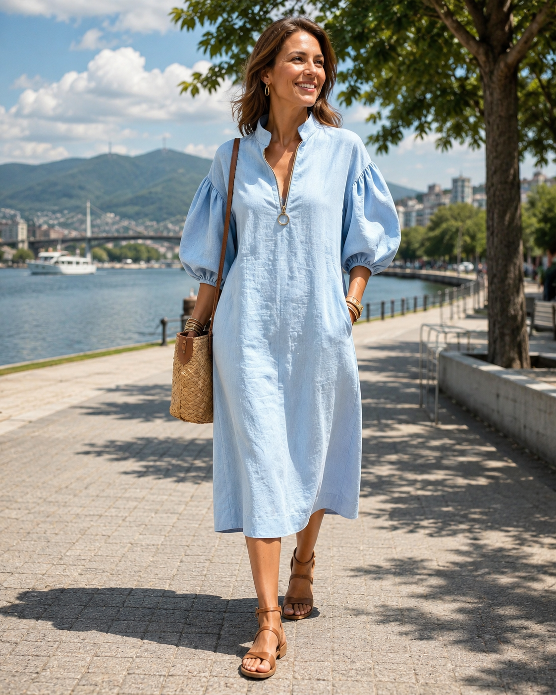 Robe femme fluide à manches bouffantes avec col zippé