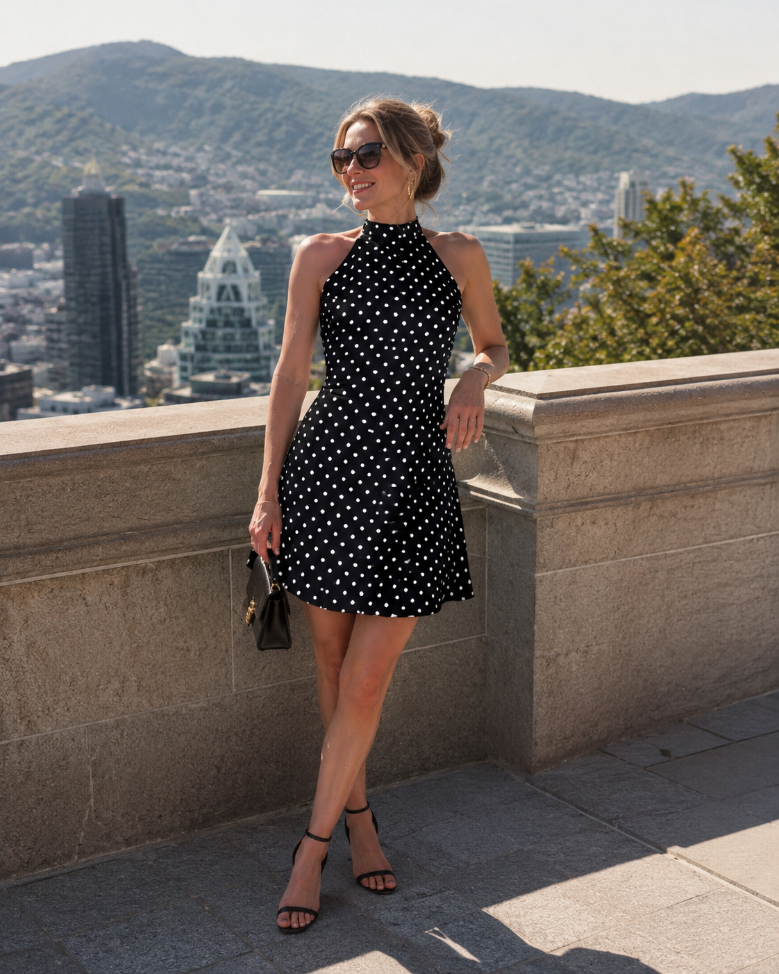 Mini robe femme dos nu à pois avec col halter