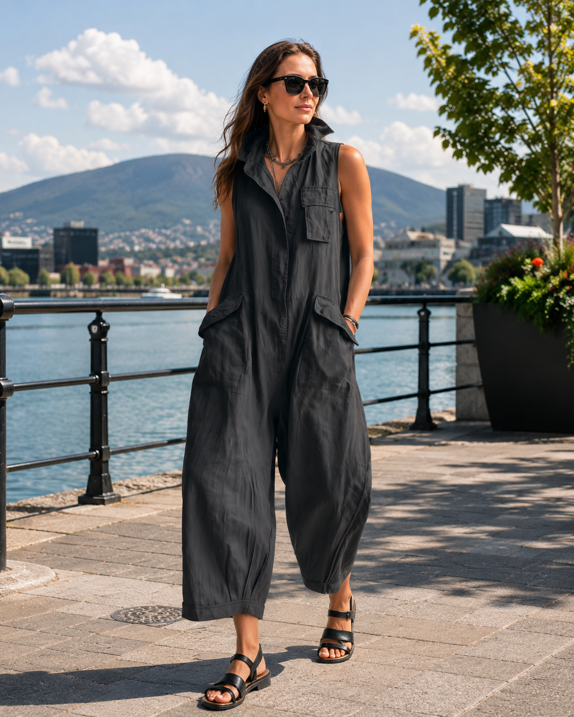 Combinaison femme sans manches oversize avec poches utilitaires
