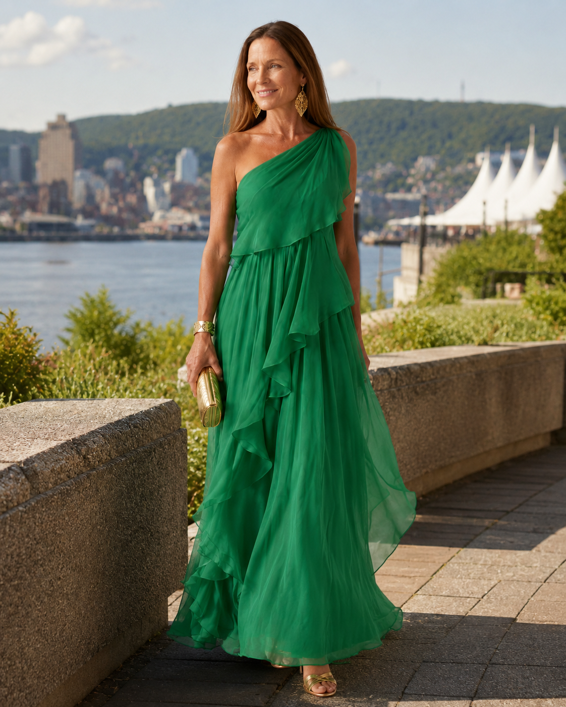Robe maxi femme asymétrique à volants en mousseline