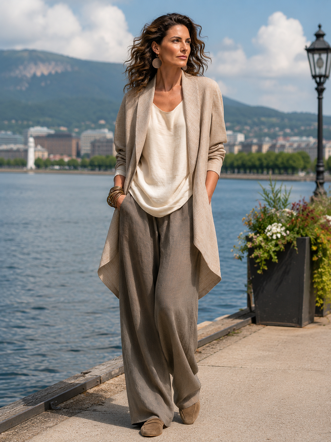 Ensemble femme trois pièces effet lin avec pantalon large