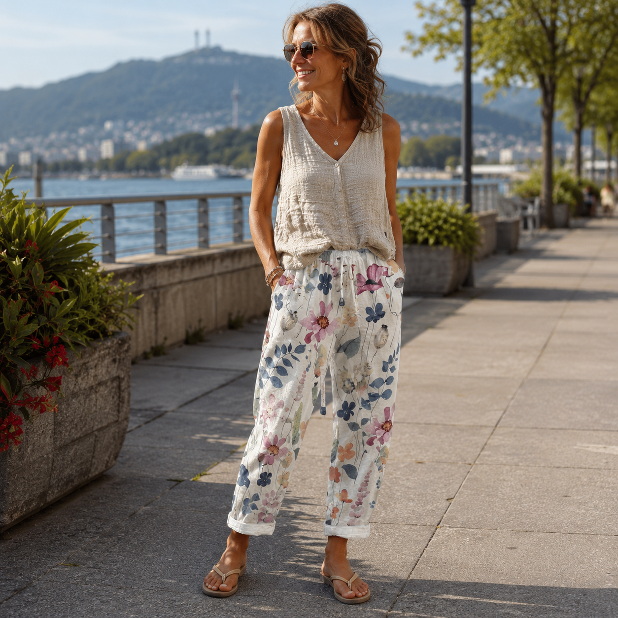 Pantalon court femme à imprimé floral et coupe large