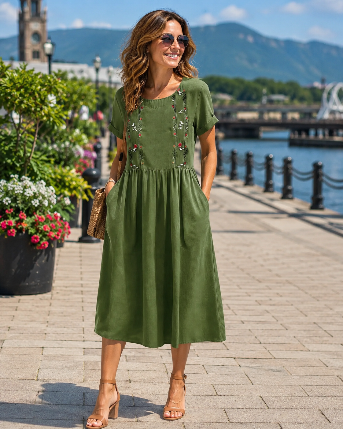 Robe midi femme brodée à poches et coupe A-line
