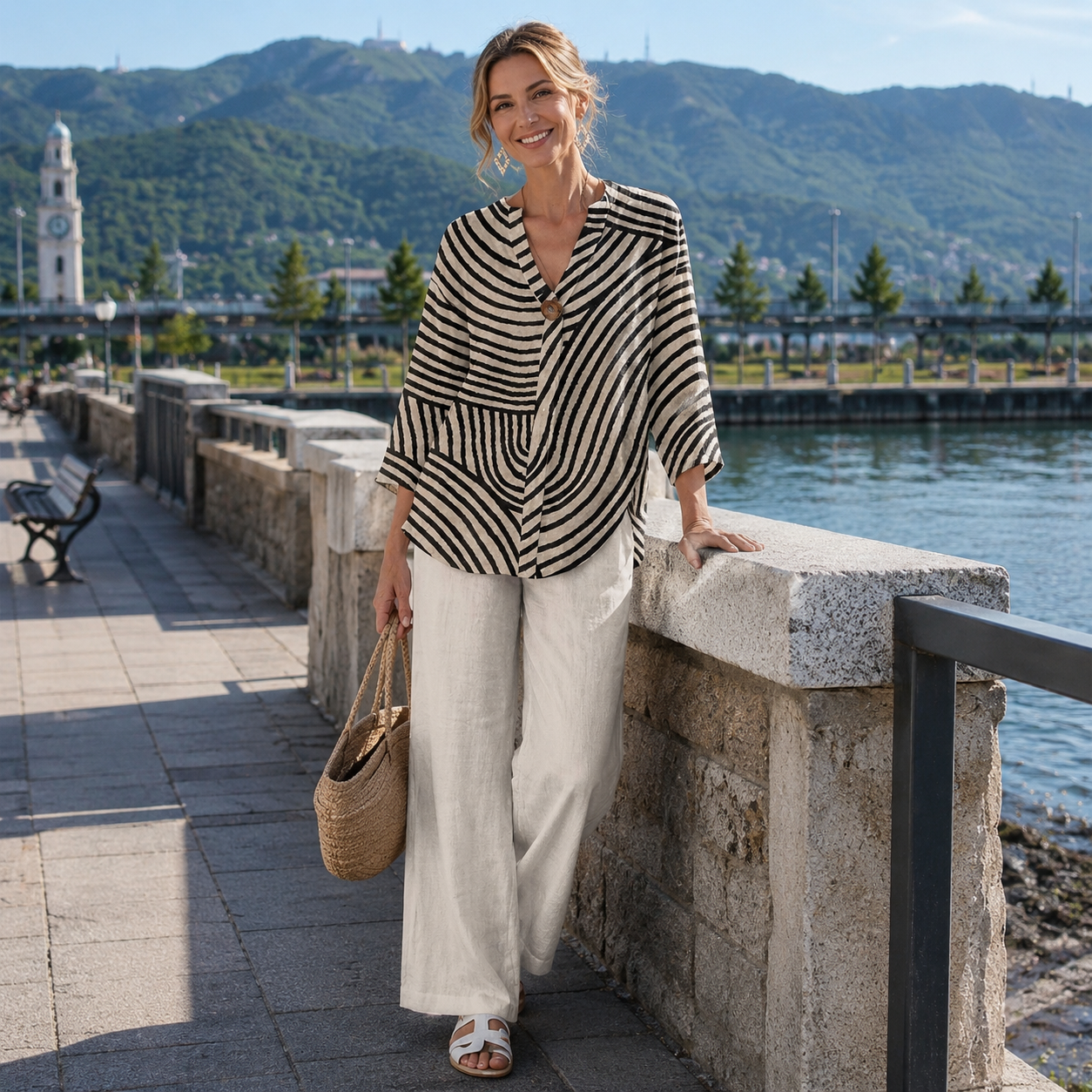 Ensemble deux pièces femme rayé avec pantalon large fluide