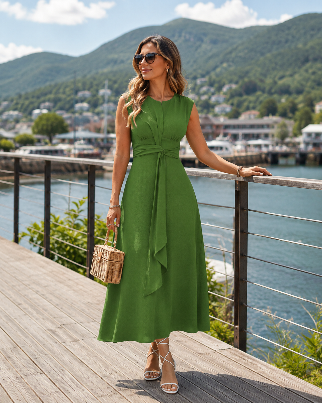 Robe longue femme sans manches avec taille drapée élégante