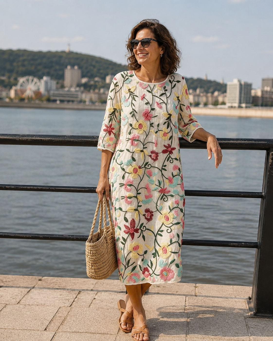 Robe femme midi à fleurs brodées multicolores et coupe fluide