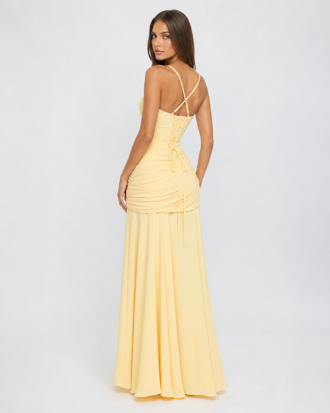 Robe maxi femme col carré froncé avec laçage au dos