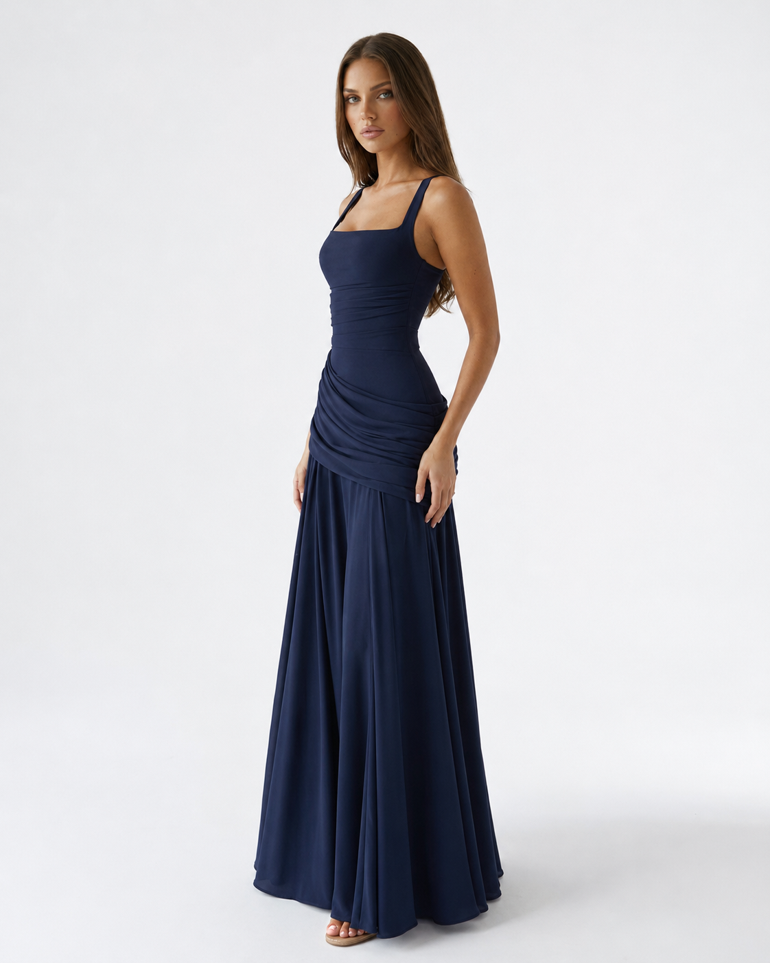 Robe maxi femme col carré froncé avec laçage au dos