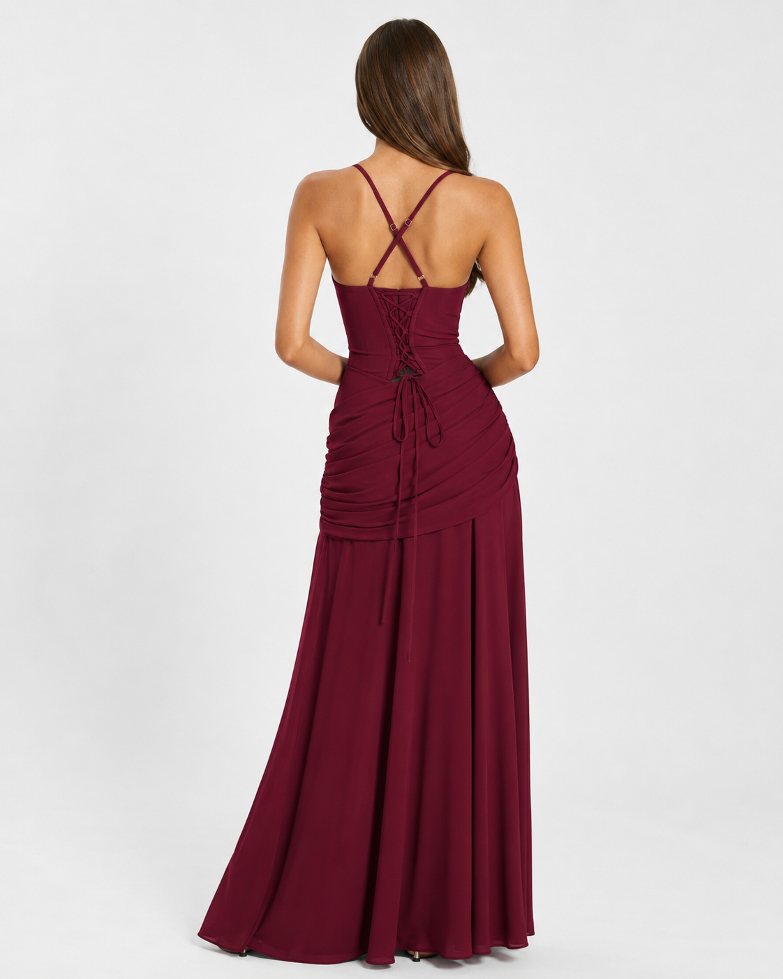 Robe maxi femme col carré froncé avec laçage au dos