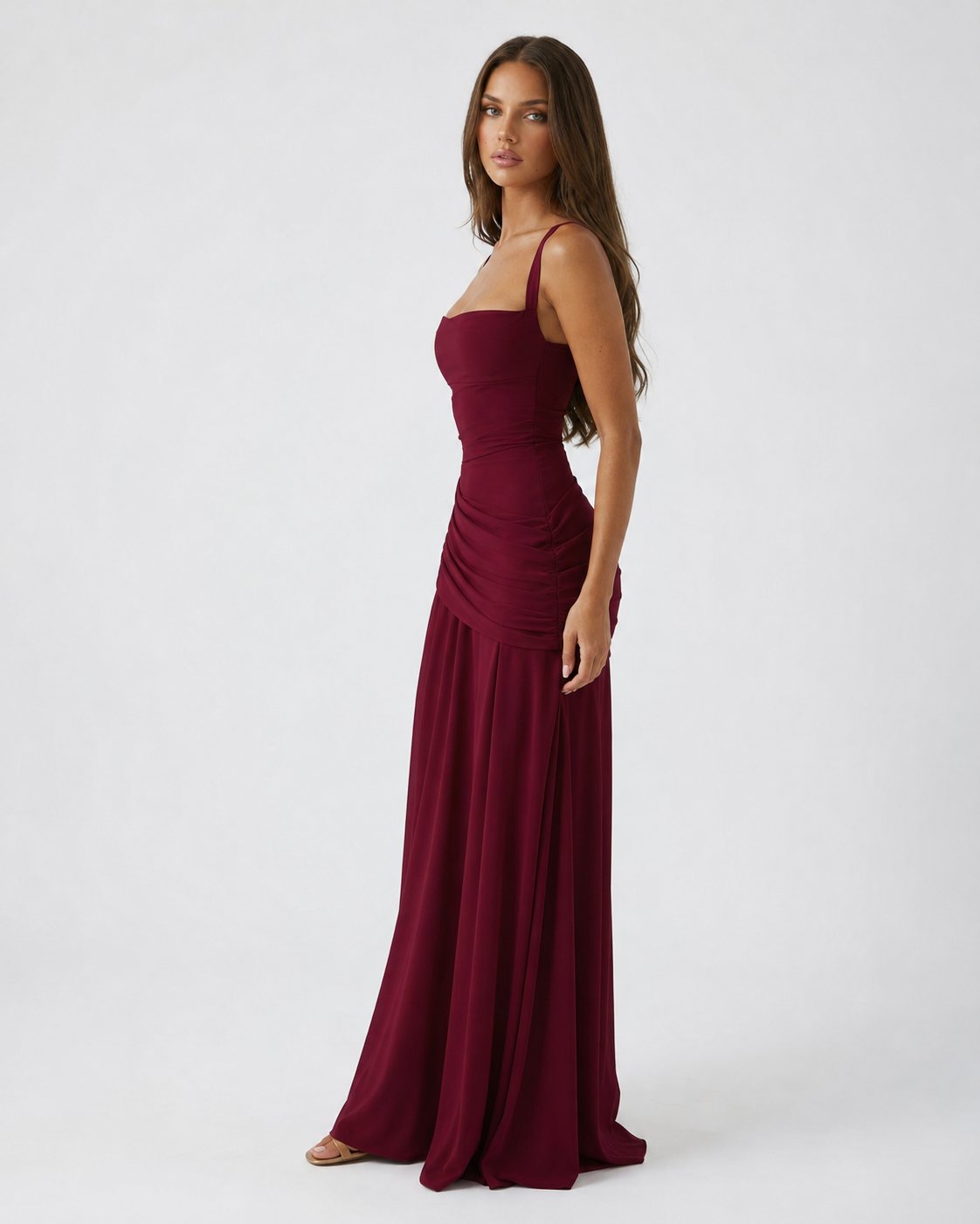 Robe maxi femme col carré froncé avec laçage au dos