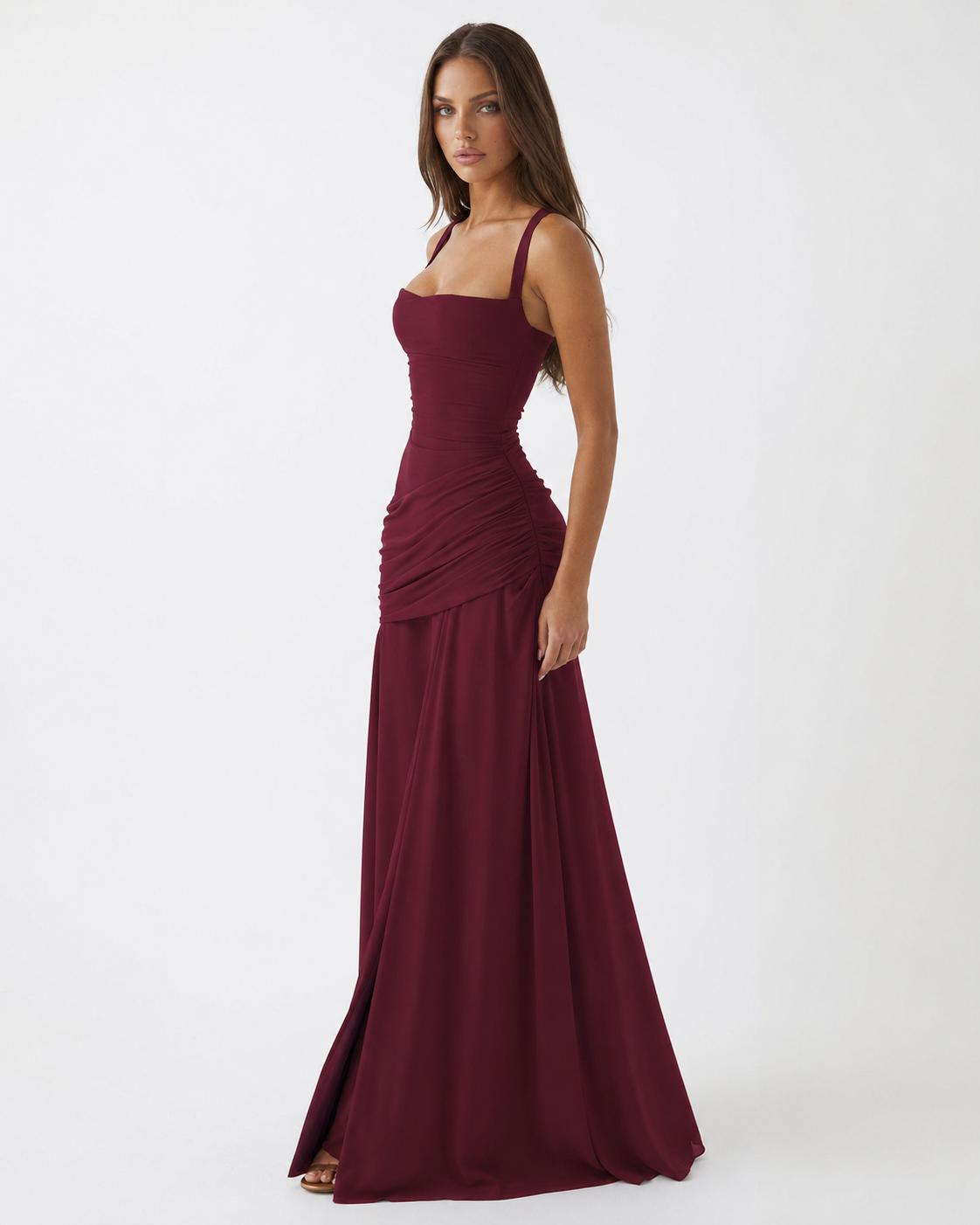 Robe maxi femme col carré froncé avec laçage au dos