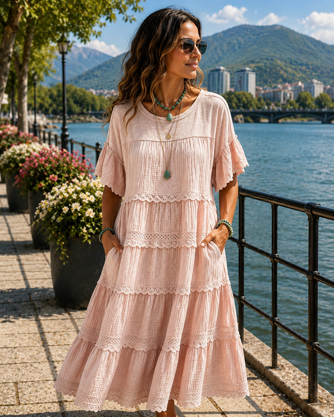 Robe femme midi en coton et lin avec volants délicats