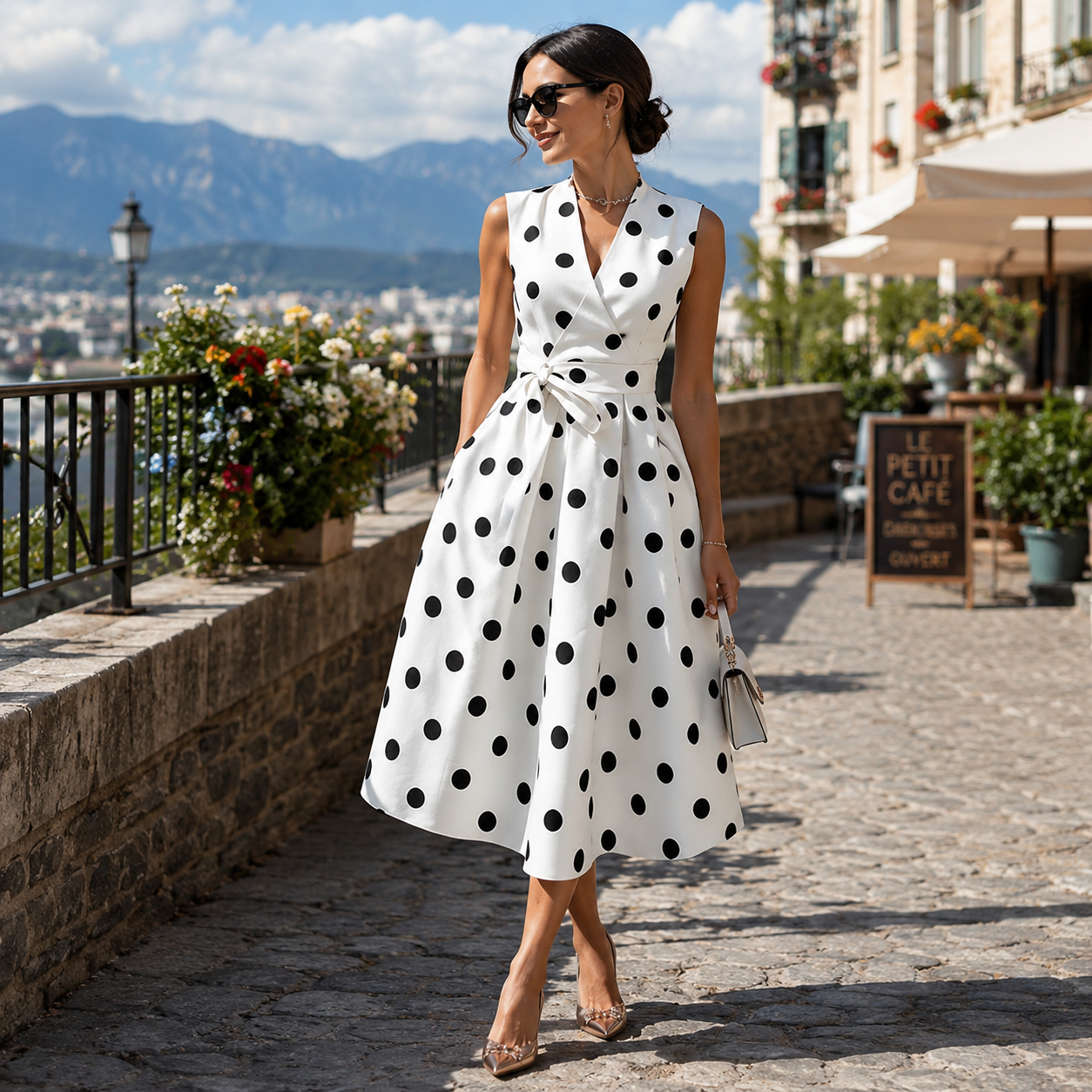 Robe femme sans manches à pois avec col V et ceinture
