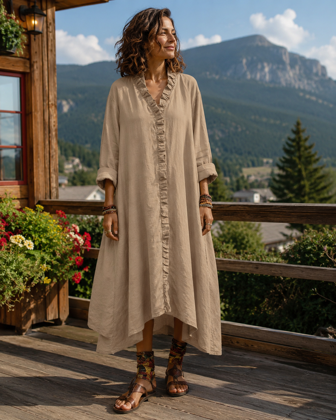 Robe longue femme fluide à volants et col V