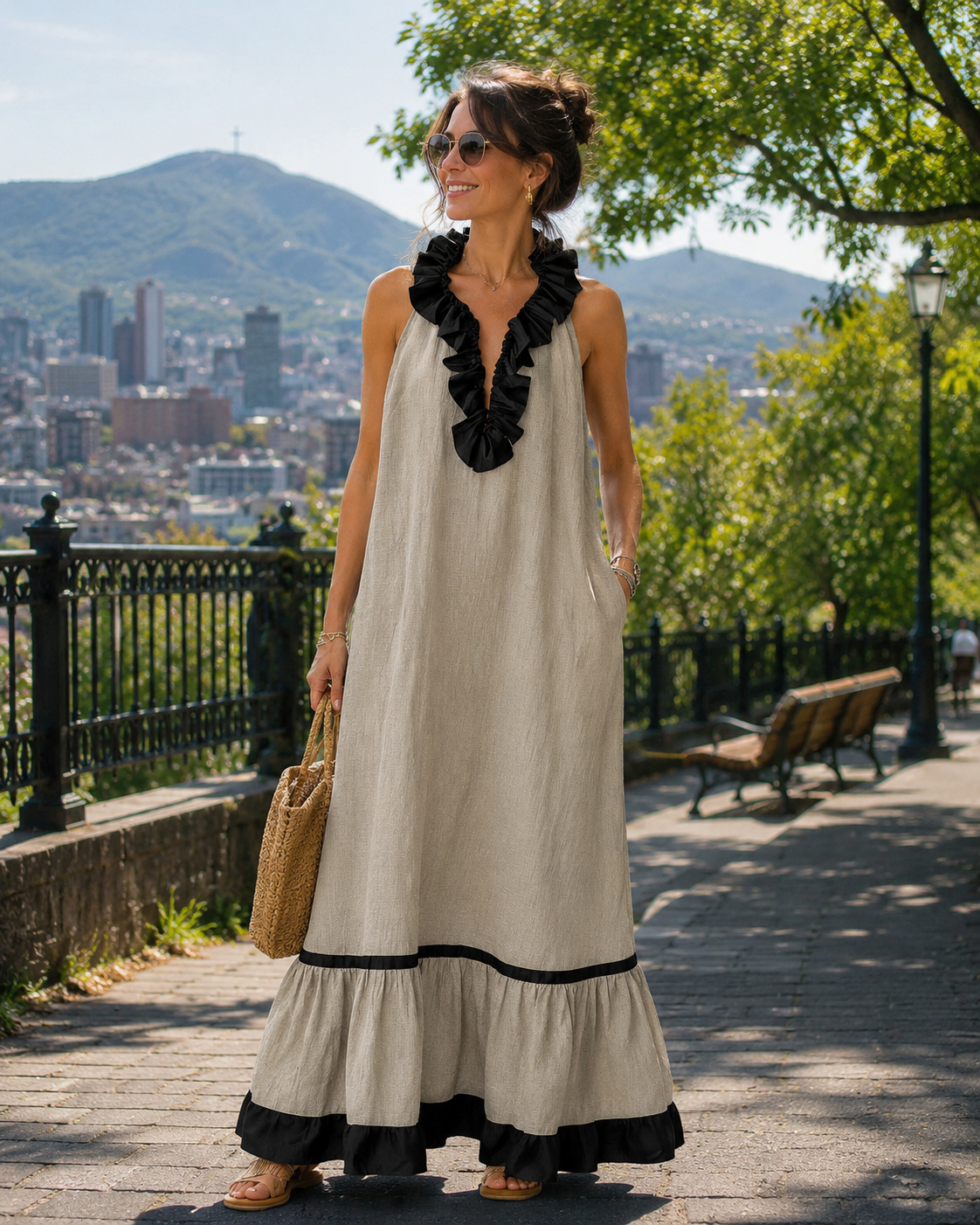 Robe longue femme fluide à volants contrastés
