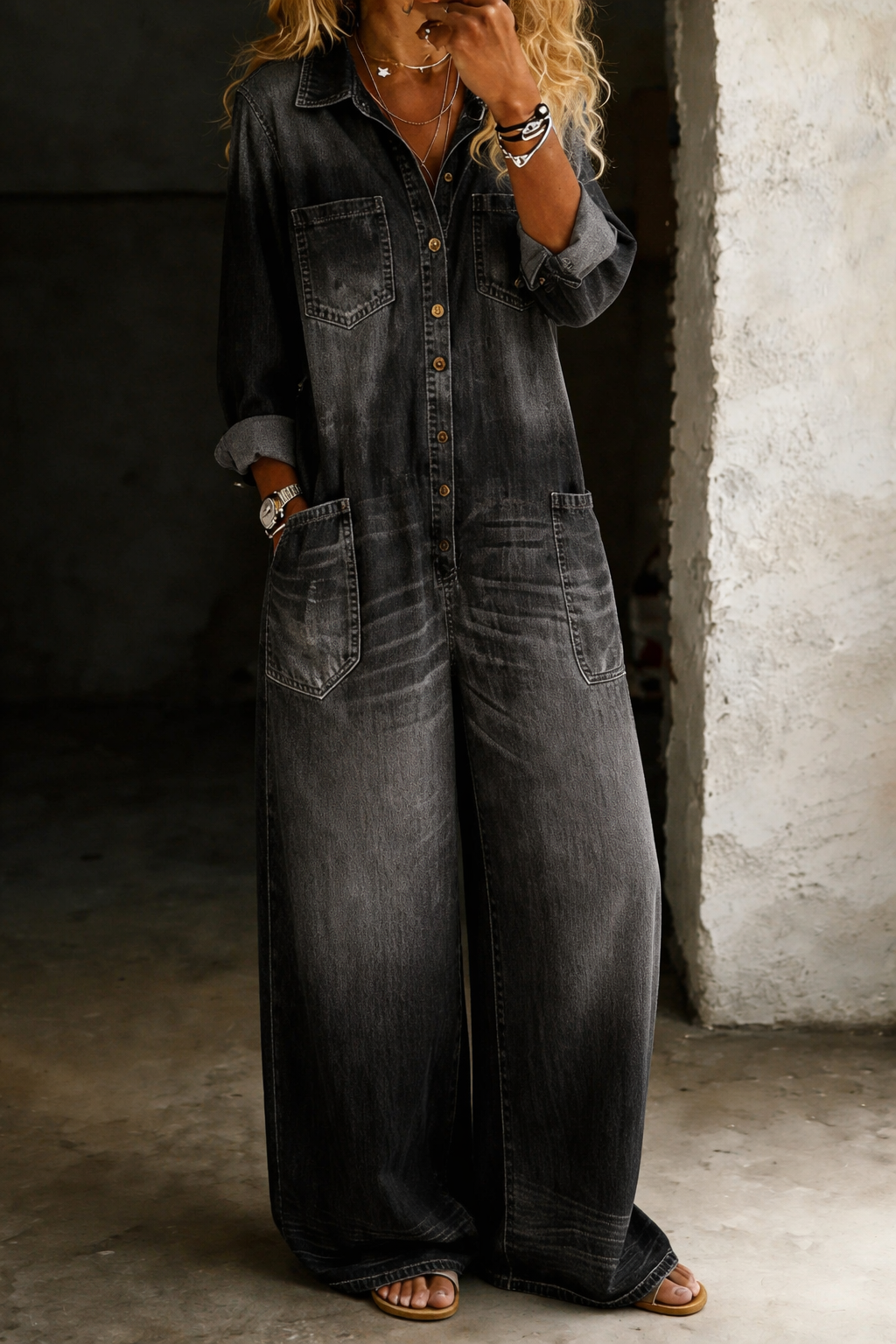 Combinaison Femme Denim Coupe Ample Boutonnée Style Décontracté