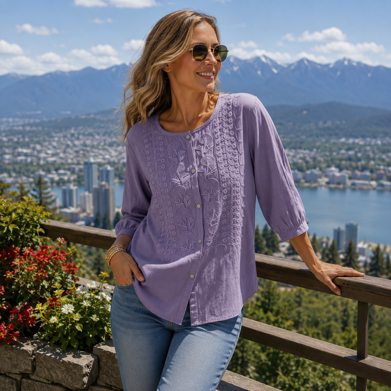 Blouse femme en coton et lin brodée à manches 3/4