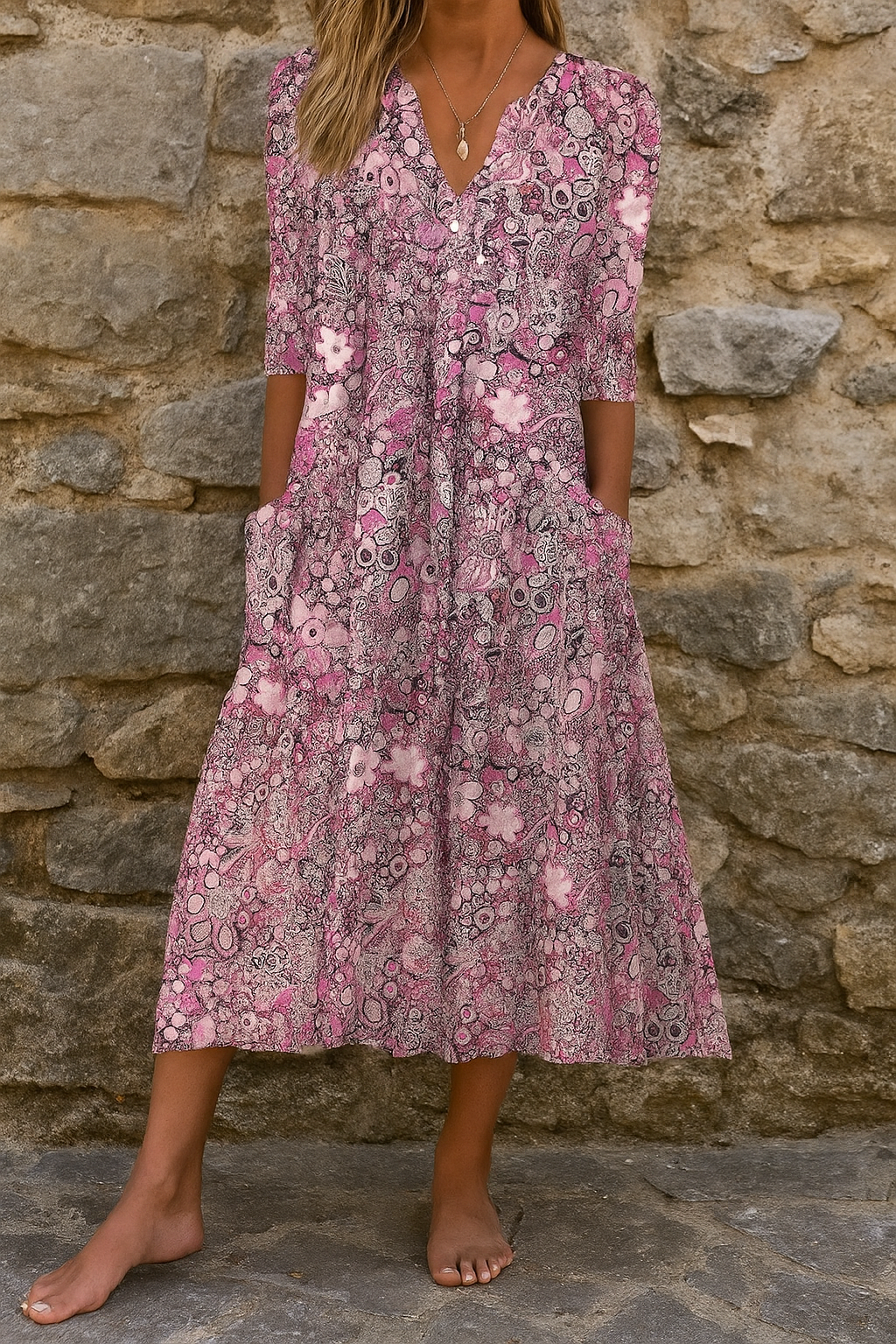 Robe midi femme imprimée à col V et manches trois-quarts