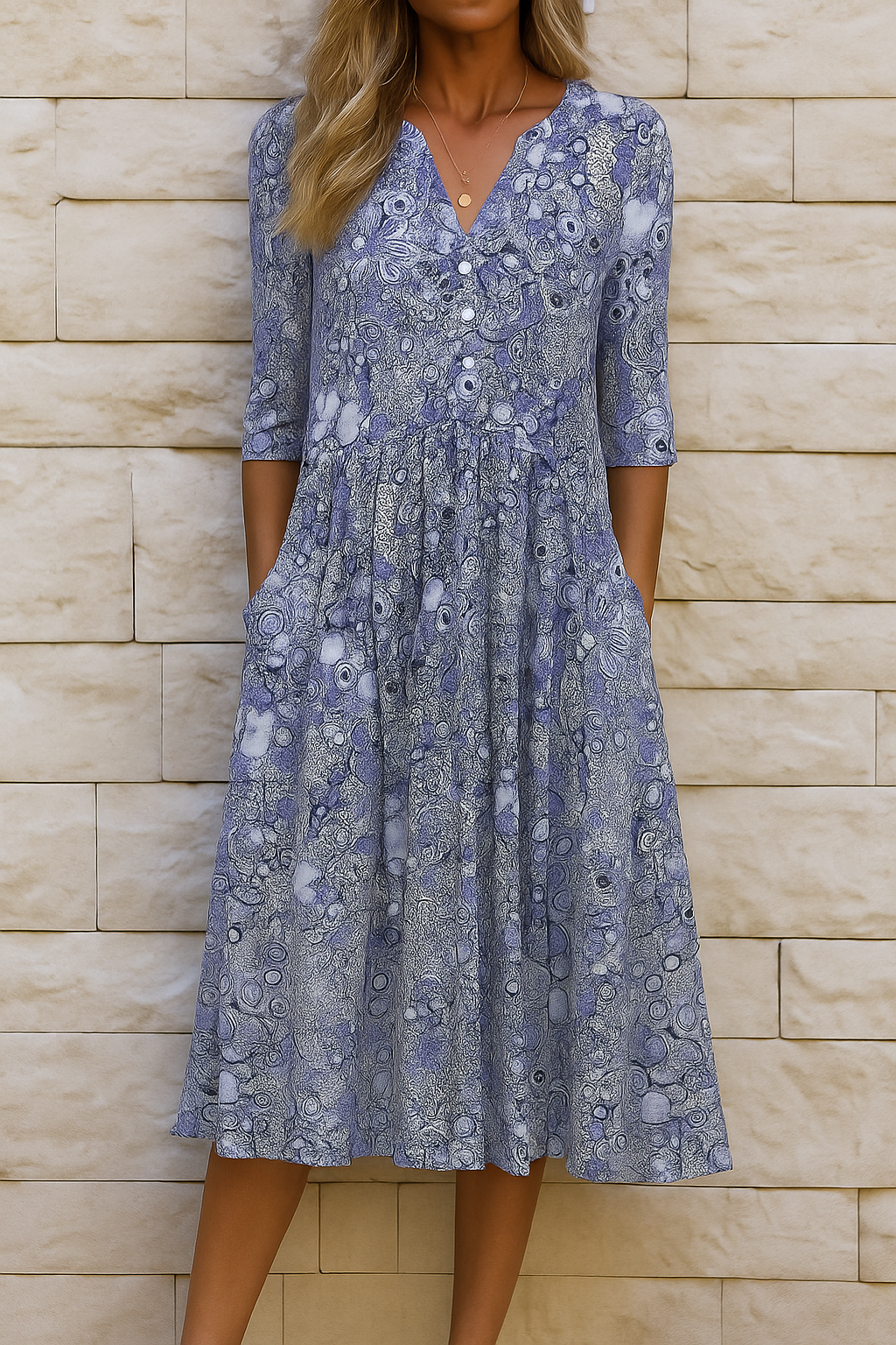 Robe midi femme imprimée à col V et manches trois-quarts
