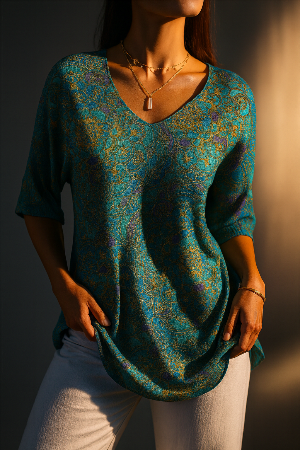 Blouse Femme Imprimée Col V Coupe Fluide Bohème Élégante