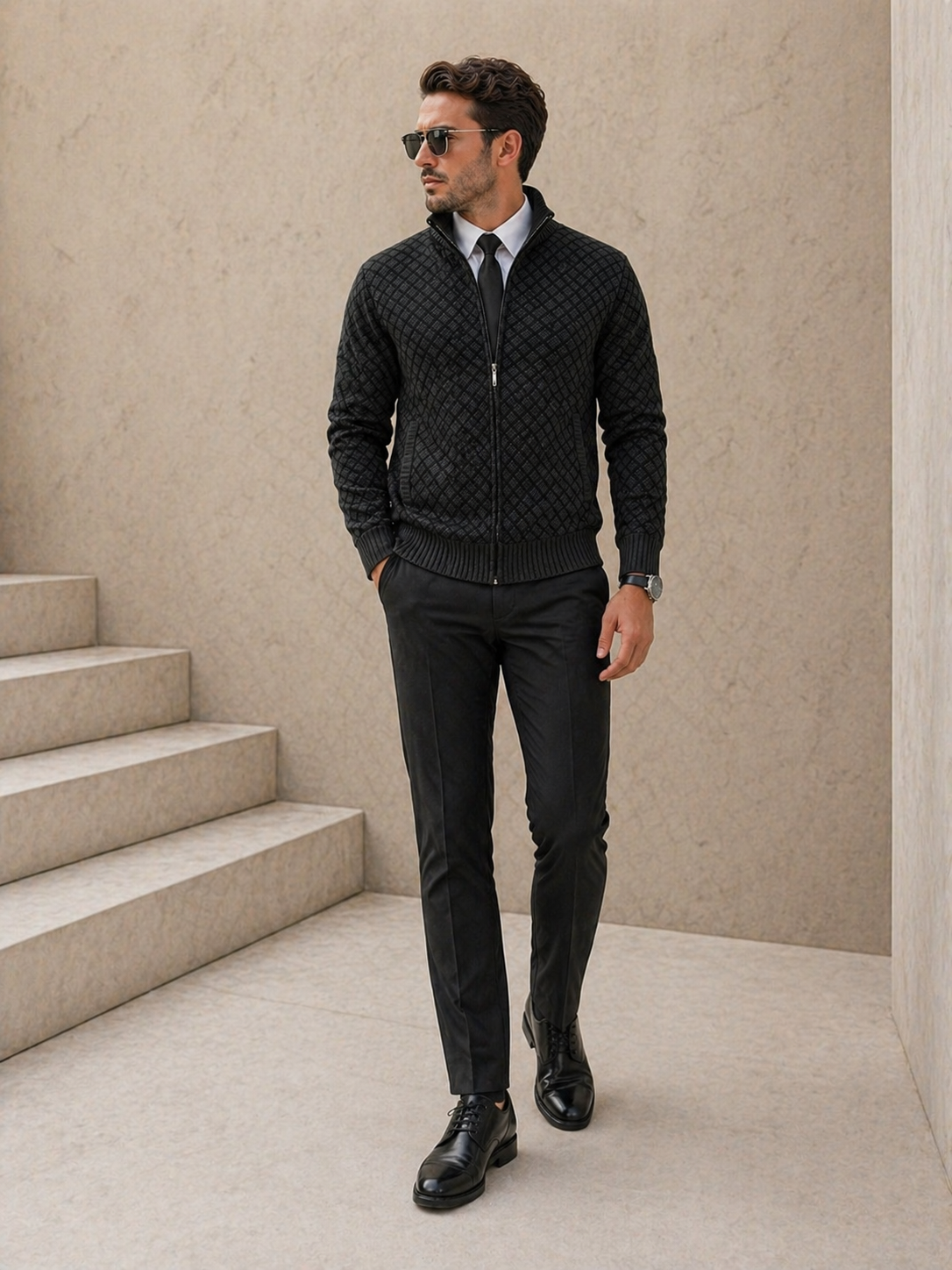Cardigan Homme Zippé Col Montant Tricot Jacquard Losangé
