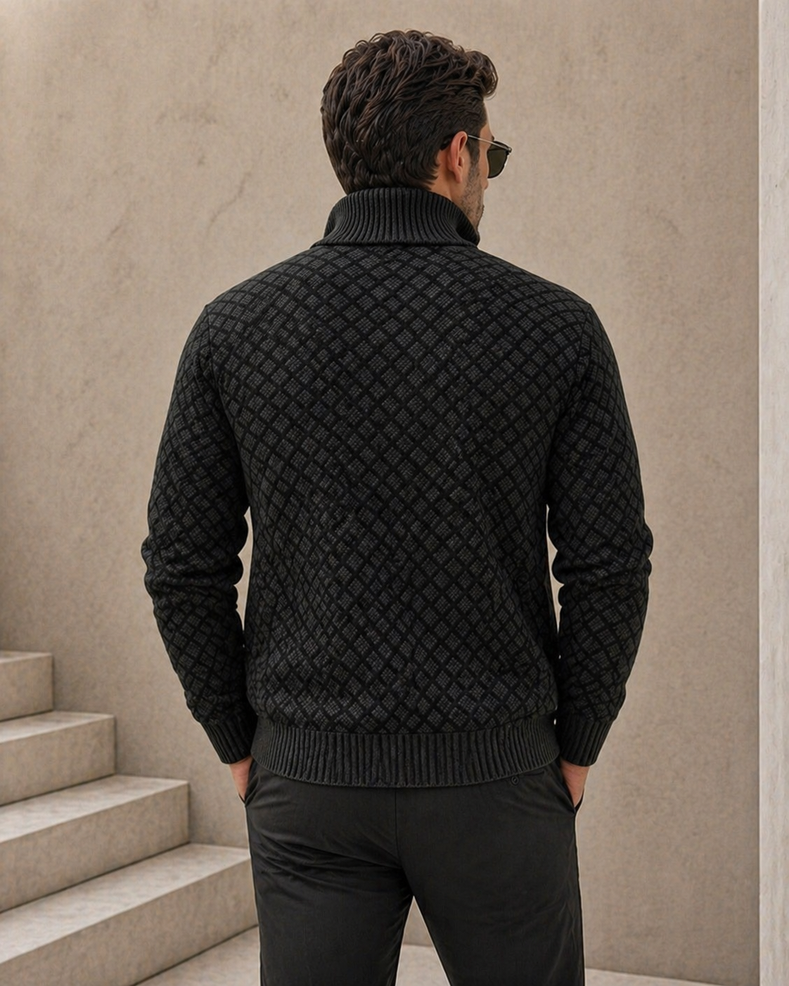 Cardigan Homme Zippé Col Montant Tricot Jacquard Losangé