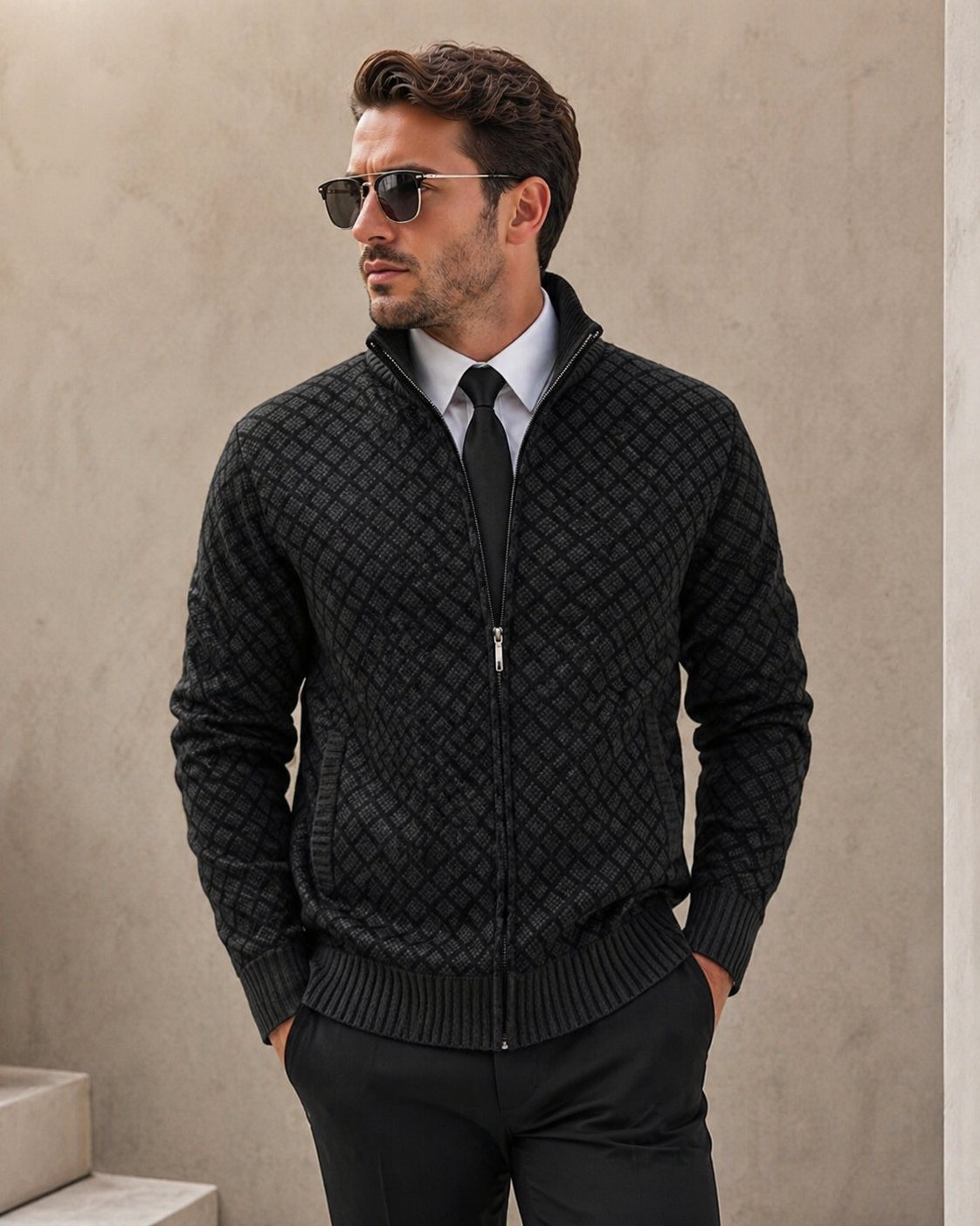 Cardigan Homme Zippé Col Montant Tricot Jacquard Losangé