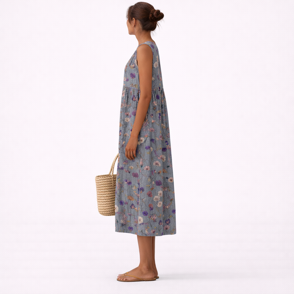 Robe midi femme fleurie sans manches avec poches
