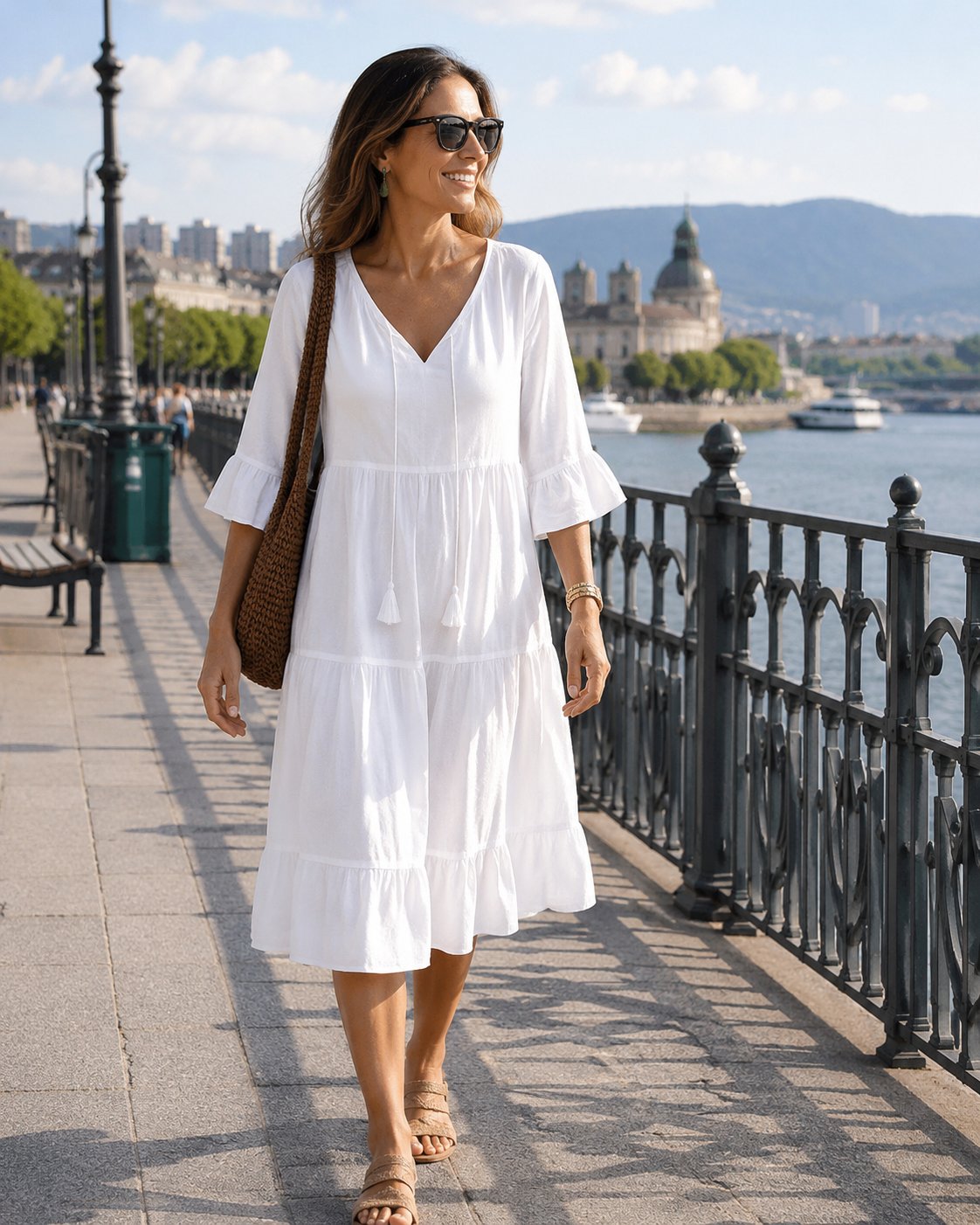 Robe midi femme en coton à col V et coupe fluide