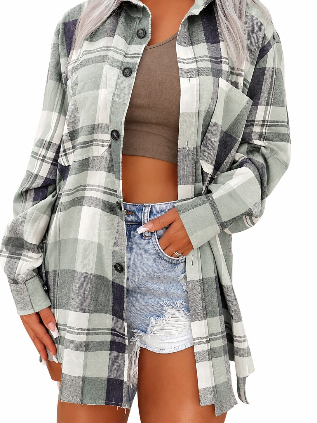 Chemise longue femme à carreaux avec poches et boutons