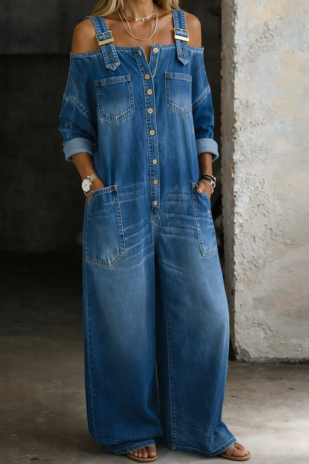 Salopette Femme Denim Épaules Dégagées Coupe Ample Moderne