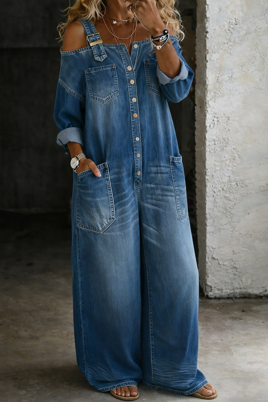 Salopette Femme Denim Épaules Dégagées Coupe Ample Moderne