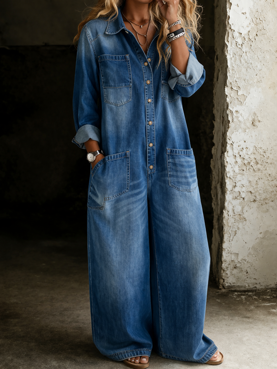 Combinaison Femme Denim Coupe Ample Boutonnée Style Décontracté