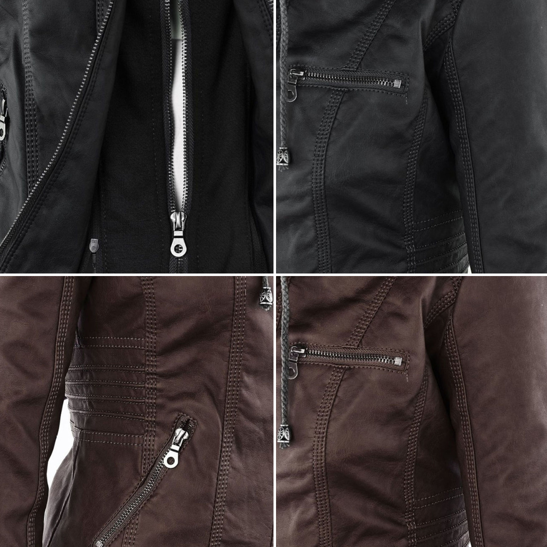 Veste femme en similicuir à capuche et fermeture zippée