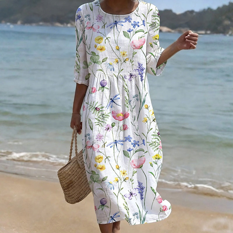 Robe midi femme à imprimé floral avec manches trois-quarts