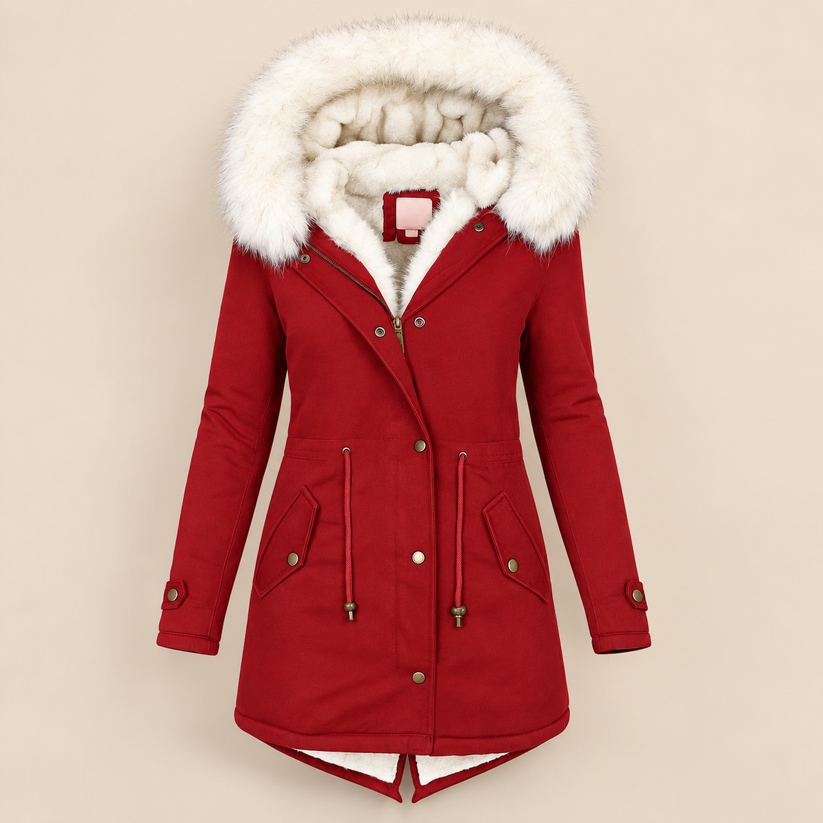 Parka longue femme à capuche fourrée et taille ajustable